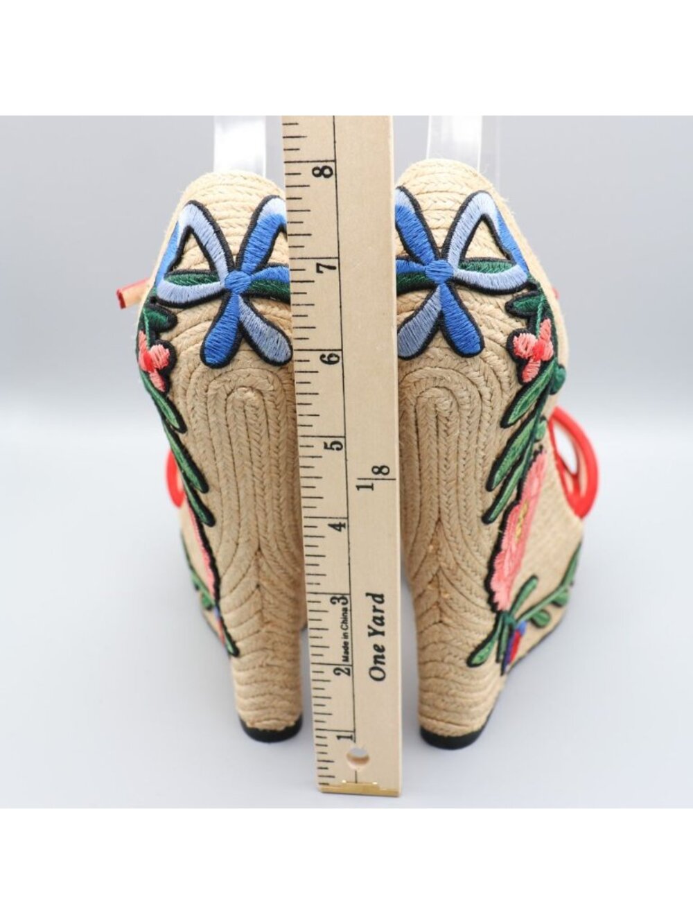 Gucci Ophelia Hibiscus Red Suede Floral Crewel Wedge Platform Espadrille 38 Box - Picture 11 of 16